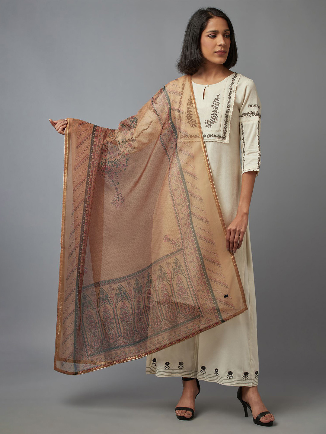 WISHFUL Tan & Teal Ethnic Motifs Printed Organza Dupatta