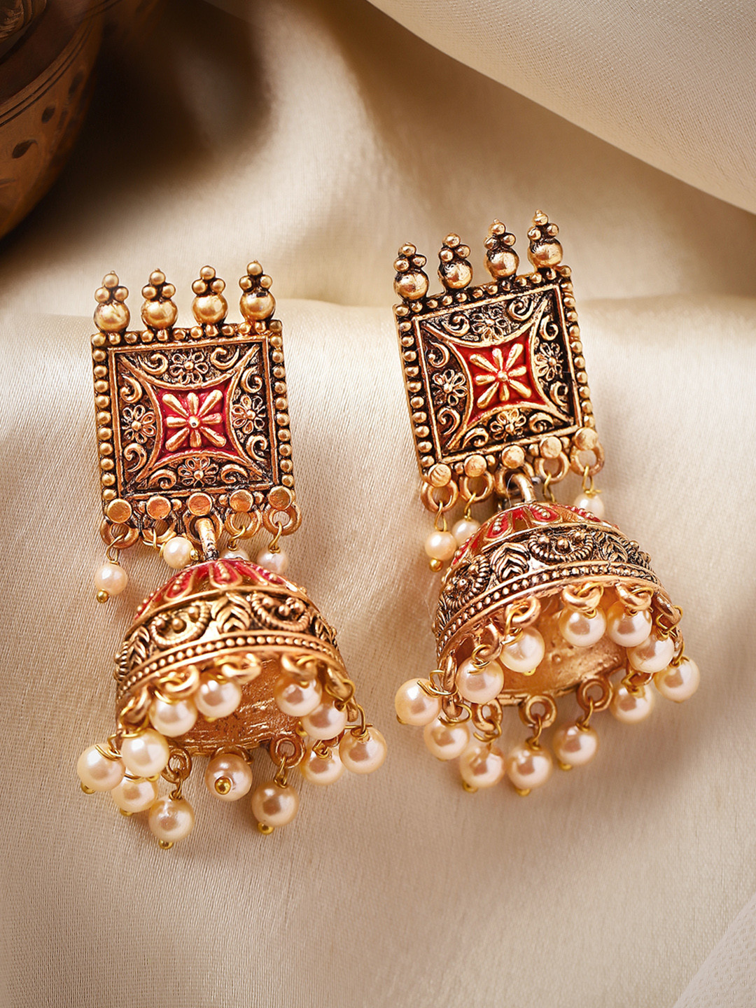 Rubans 22K Gold-Plated Red Enamel Handcrafted Dome Shape Jhumkas with Pearl Drops