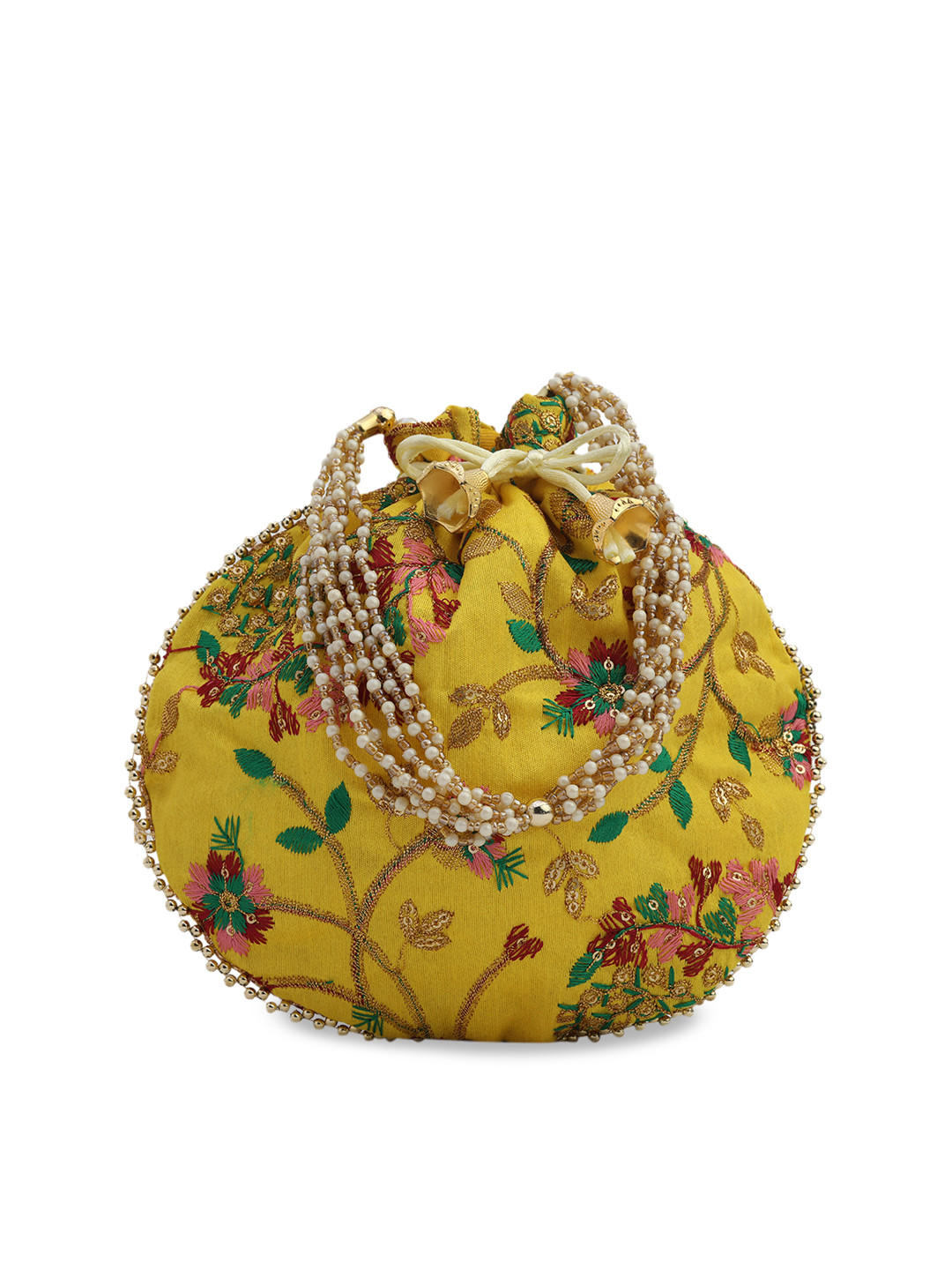 gaura pakhi Yellow & Green Embellished Embroidered Potli Clutch