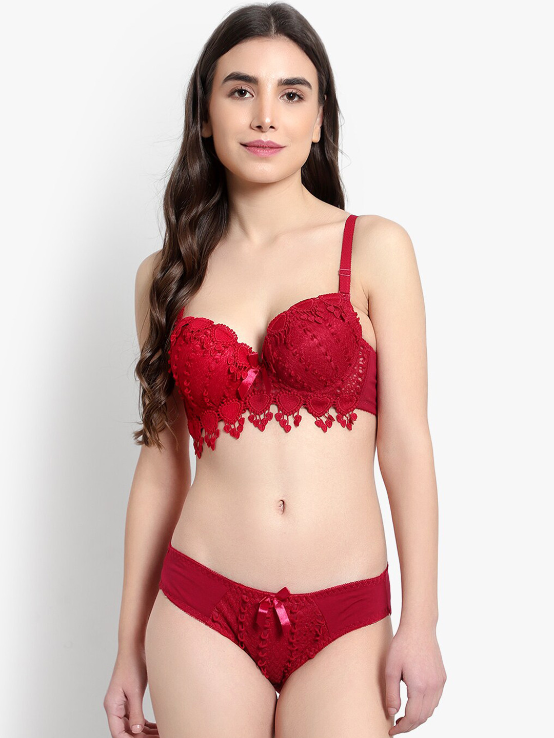 BRACHY Women Maroon Solid Lace Lingerie Set