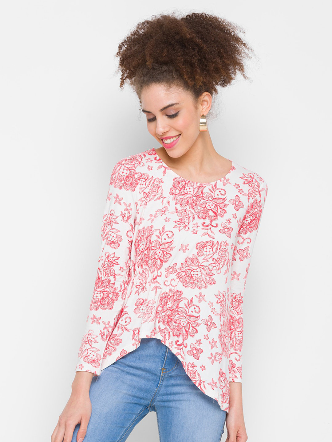 Globus White & Red Floral Print High-Low Top