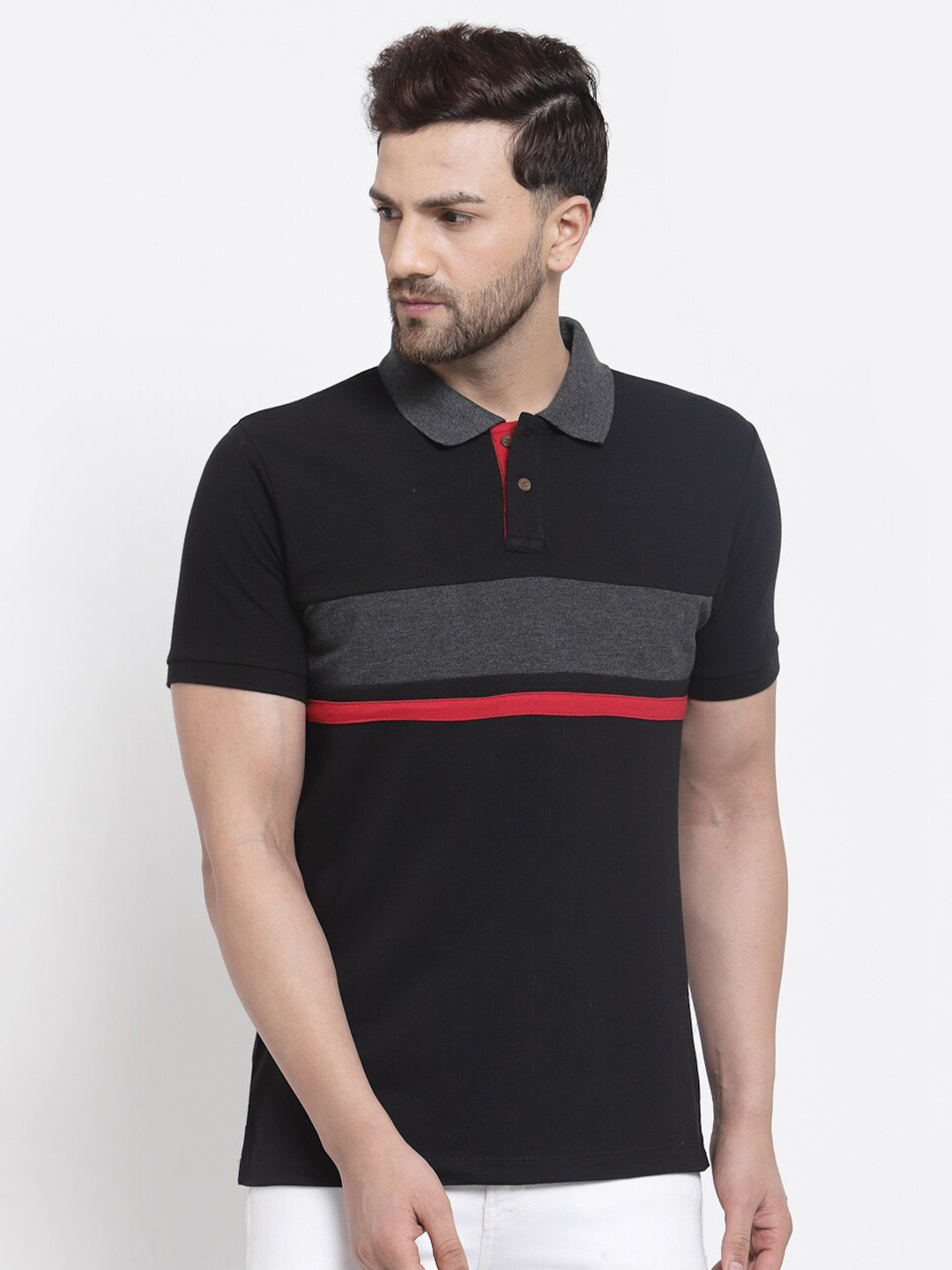 Kalt Men Black & Red Half Sleeves Polo Collar T-shirt