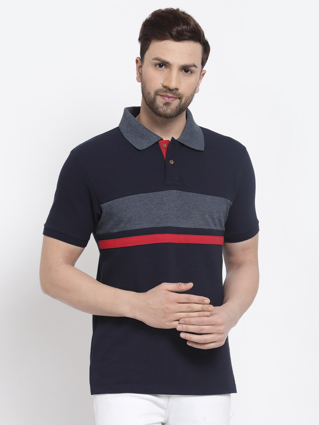 Kalt Men Navy Blue & Grey Striped Polo Collar T-shirt