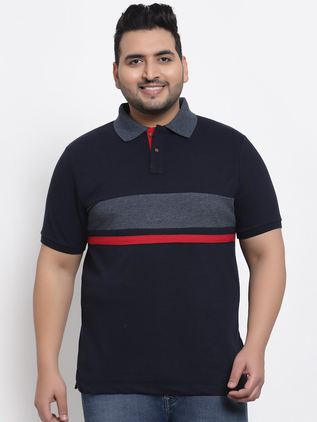 Kalt Men Plus Size Navy Blue Striped Polo Cotton T-shirt