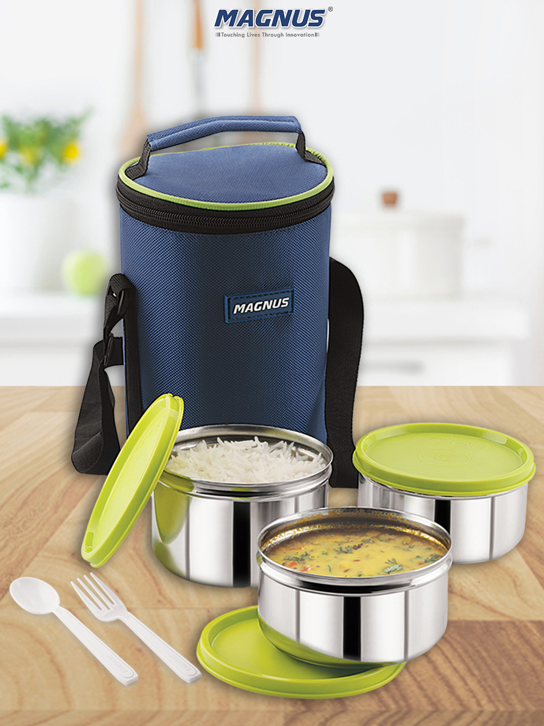 MAGNUS Alfa 3 Airtight Leakproof Stainless Steel 4PCs Lunch Box With Spoon and Fork