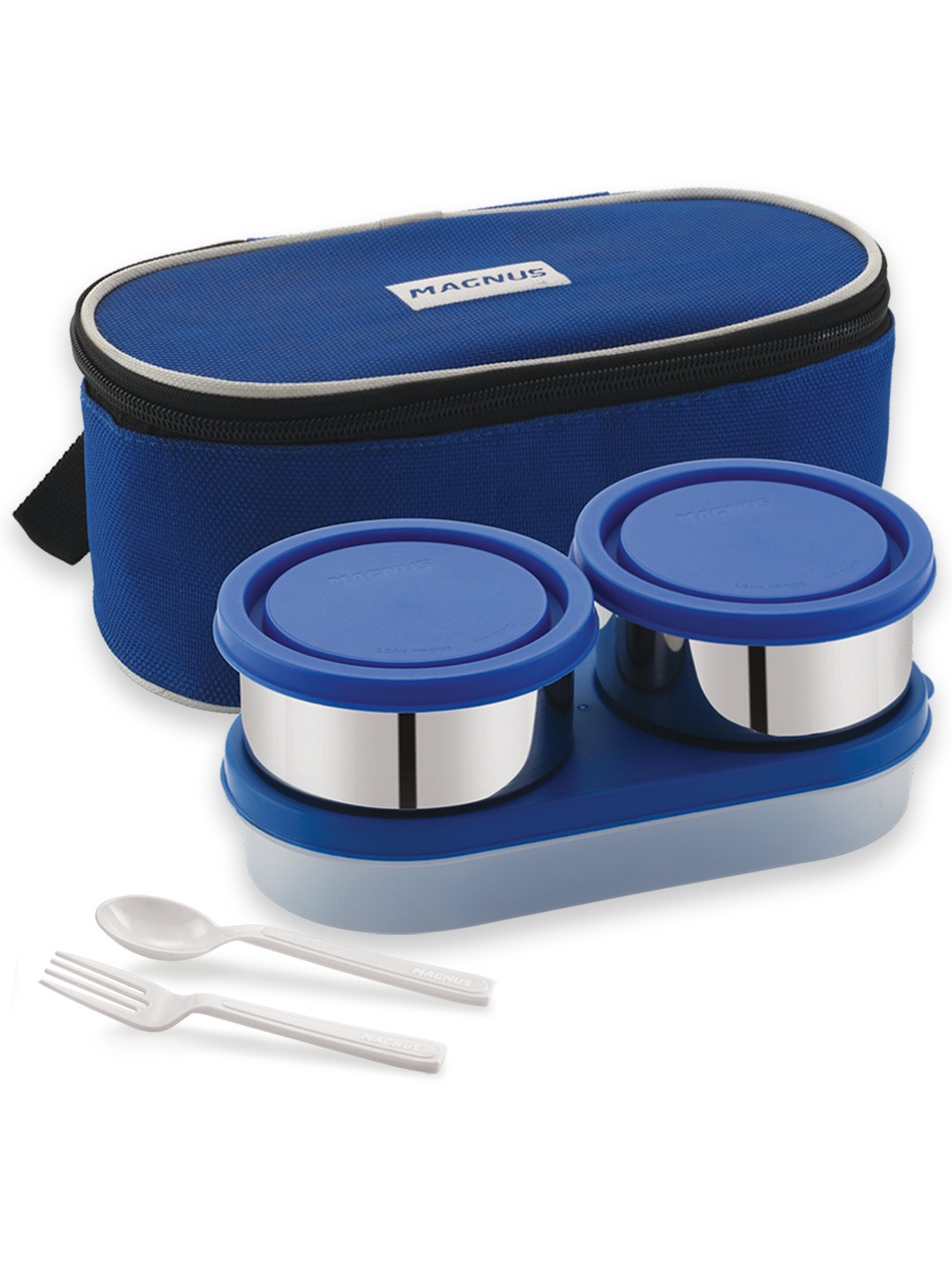 MAGNUS Blue & Silver Toned 3 Pieces Stainless Steel Dishwasher Safe Leakproof Lunch Box