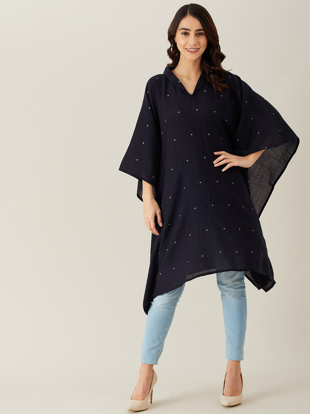 The Kaftan Company Black Woollen Polka Dots Printed Kaftan Longline Top