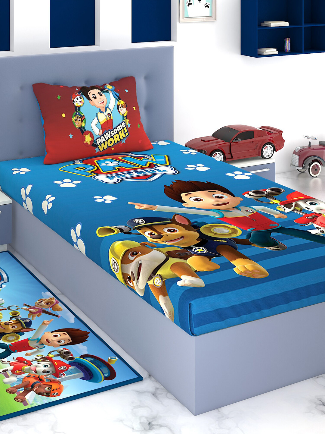 PAW PATROL Blue & Red Cartoon Characters 180 TC Single Bedsheet with 1 Pillow Cover