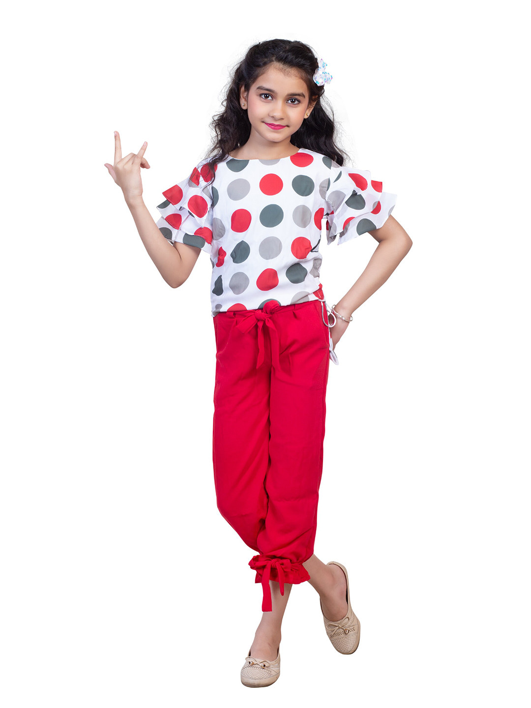 Nottie Planet Girls Red & White Printed Top With Trouser