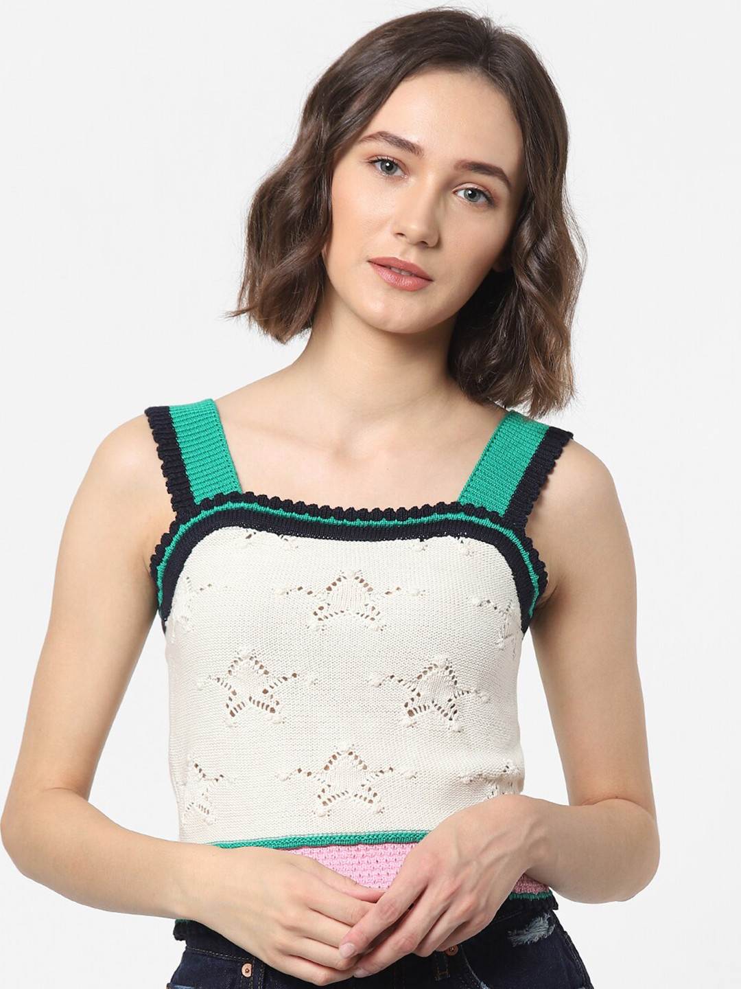 ONLY Women Multicoloured Shoulder Strap Cotton Crop Top