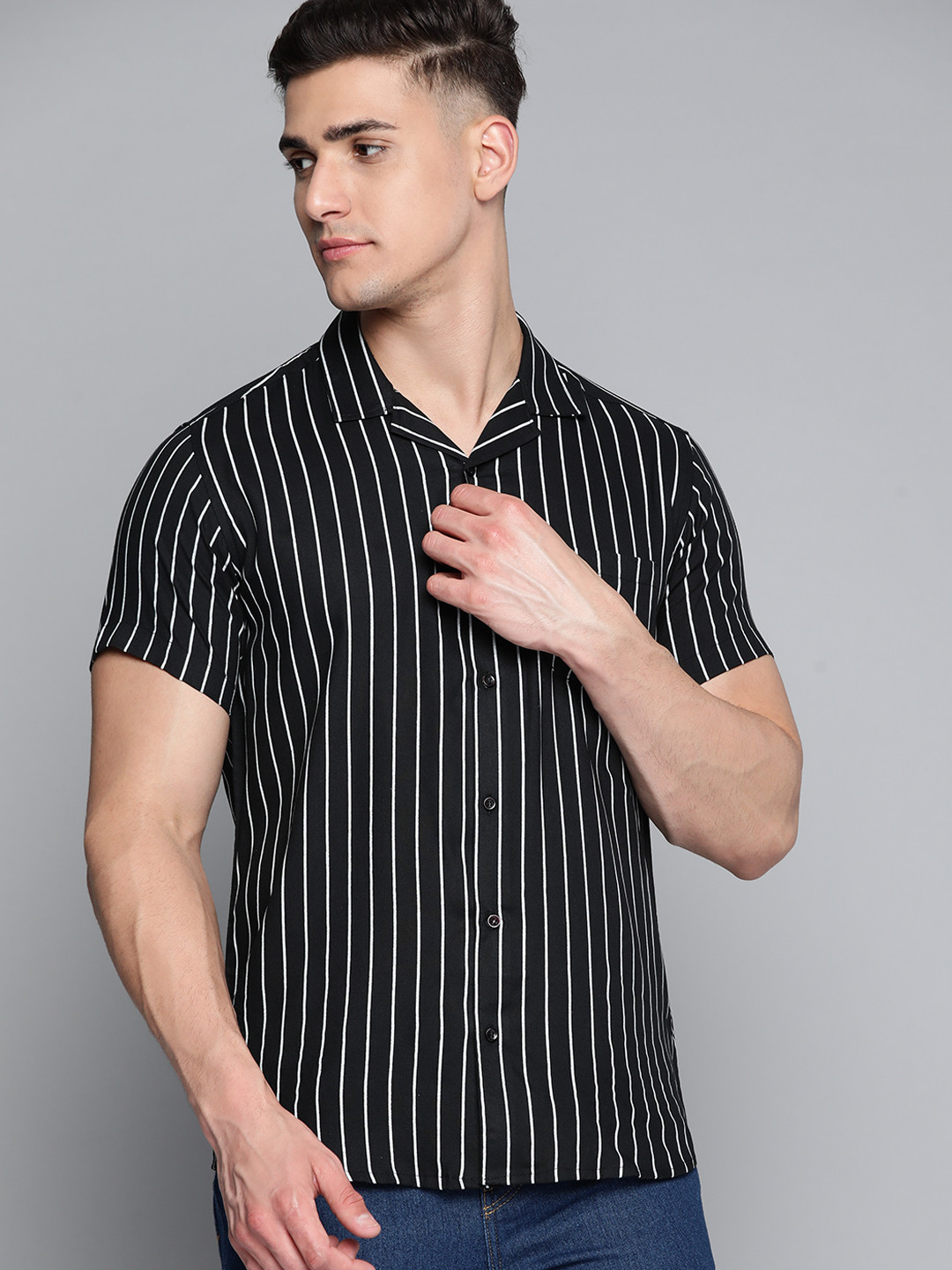 DENNISON Men Black Striped Smart Slim Fit Casual Shirt
