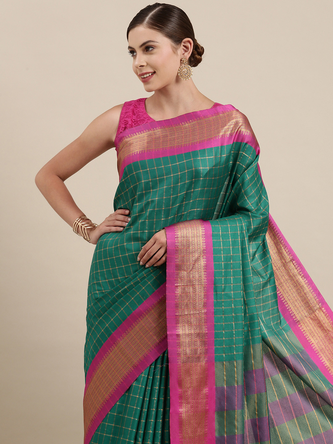 Mitera Women Teal Green & Pink Checked Zari Silk Cotton Saree