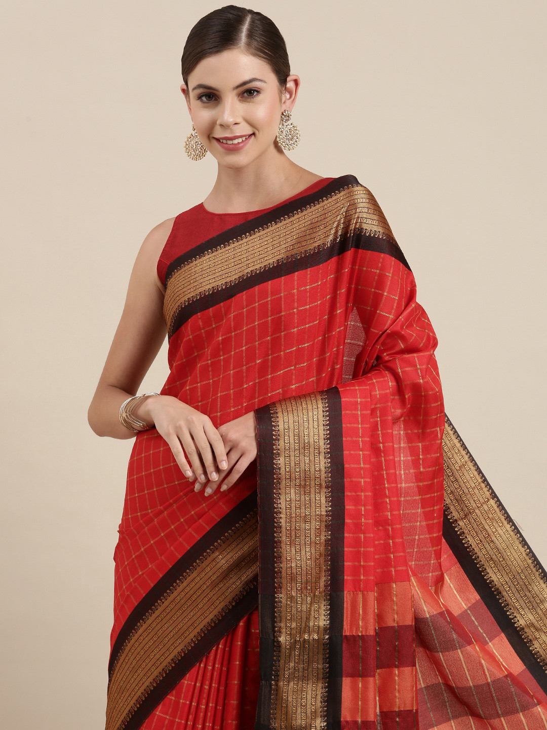 Mitera Women Red & Black Checked Zari Silk Cotton Saree
