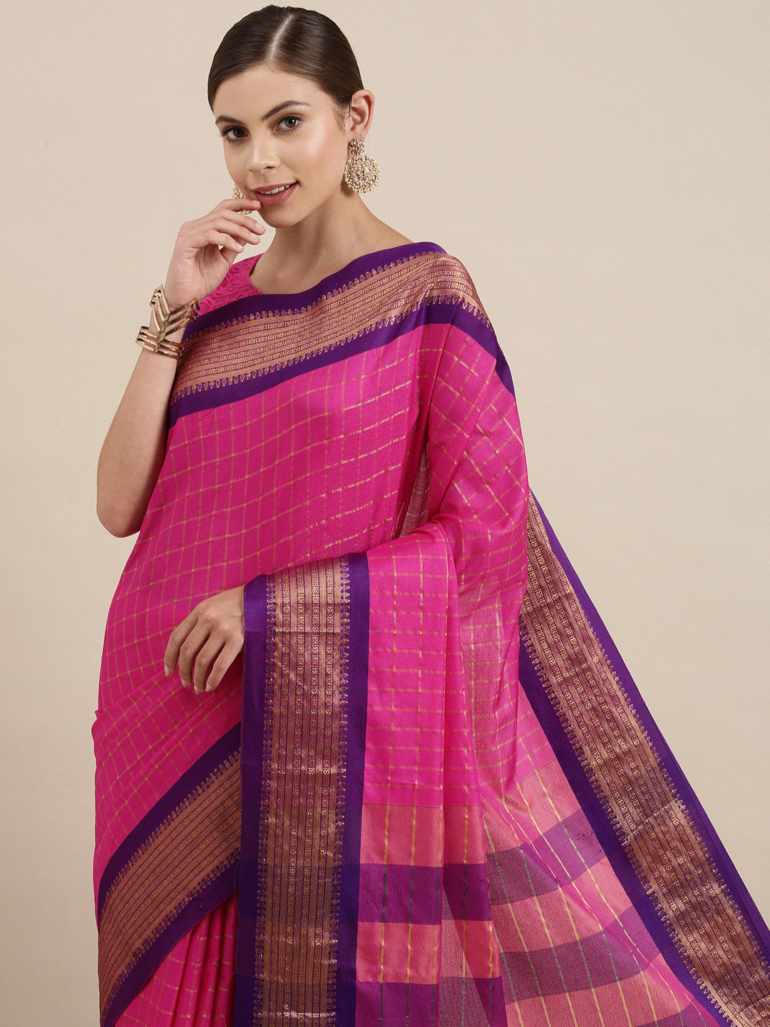 Mitera Women Pink & Violet Checked Zari Silk Cotton Saree