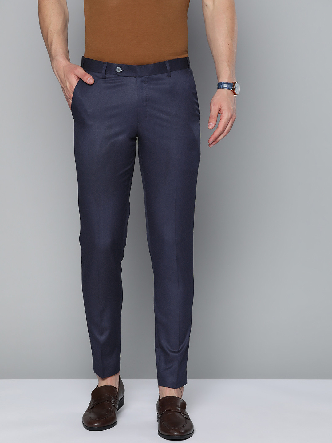 DENNISON Men Blue Smart Tapered Fit Easy Wash Trousers