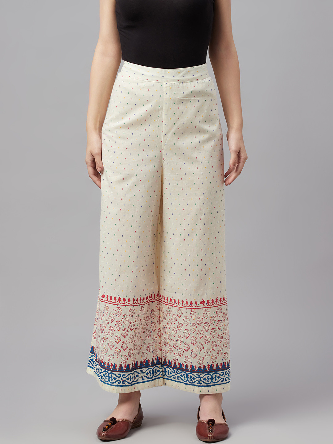 MBE Women Off White & Red Printed Palazzos