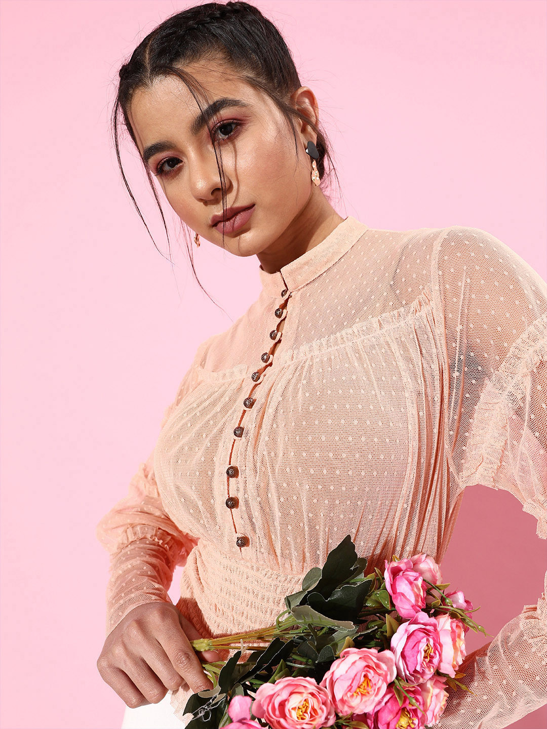 QUIERO Women Attractive Peach Self-Design Bustier Top