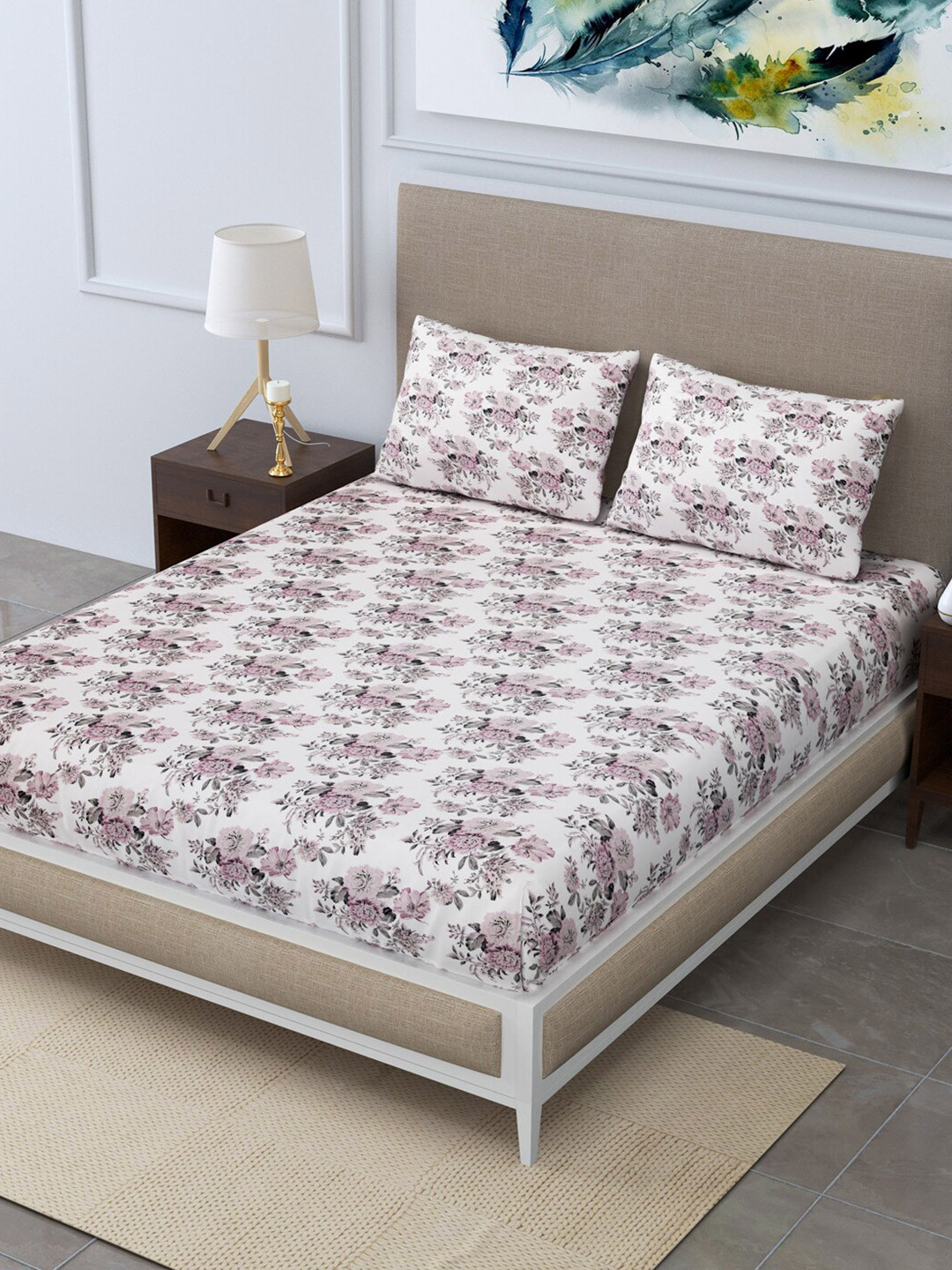 LINENWALAS Happy Sleeping Brown Floral Pure Cotton 300 TC King Fine Bedsheet with 2 Pillow Covers-59 x 87 inches
