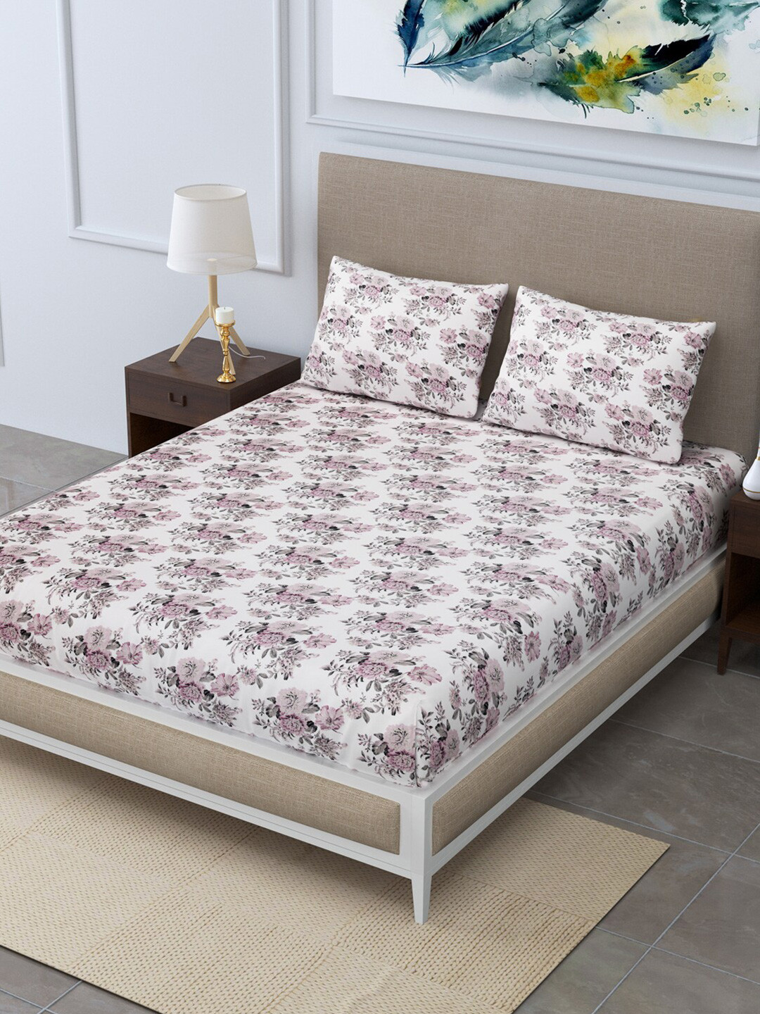 LINENWALAS Happy Sleeping Purple Floral Cotton 300 TC Fitted King Fine Bedsheet with 2 Pillow Covers-108 x 108 inches