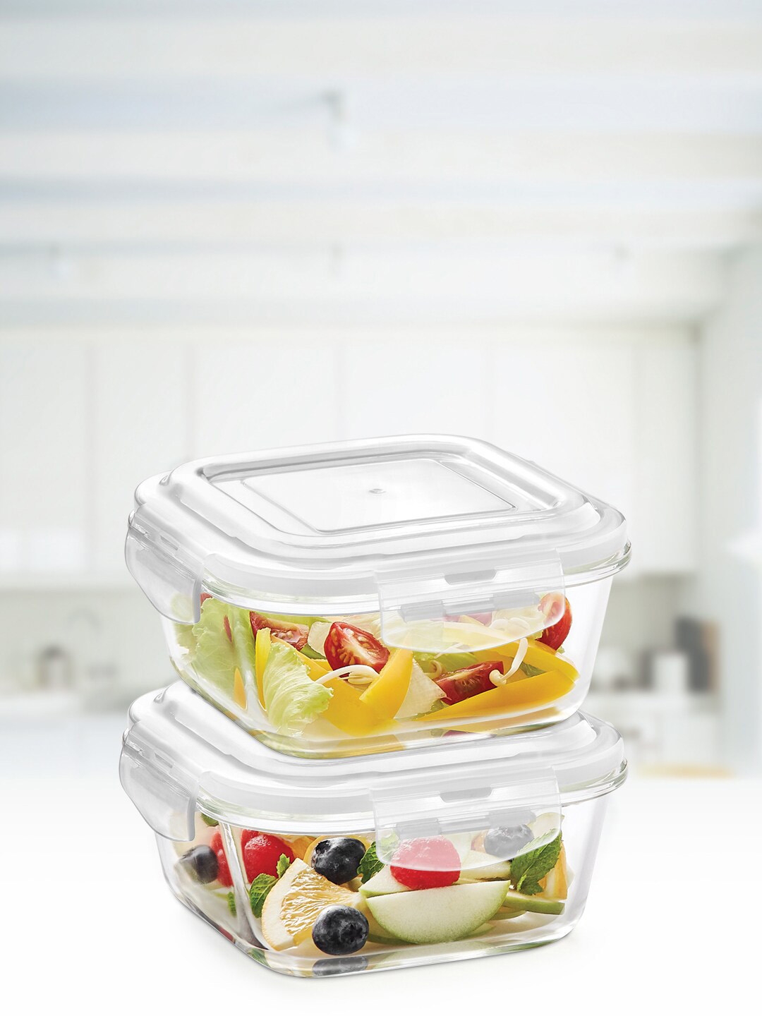 BOROSIL Set Of 2 Transparent Solid Klip N Store Glass Storage Containers