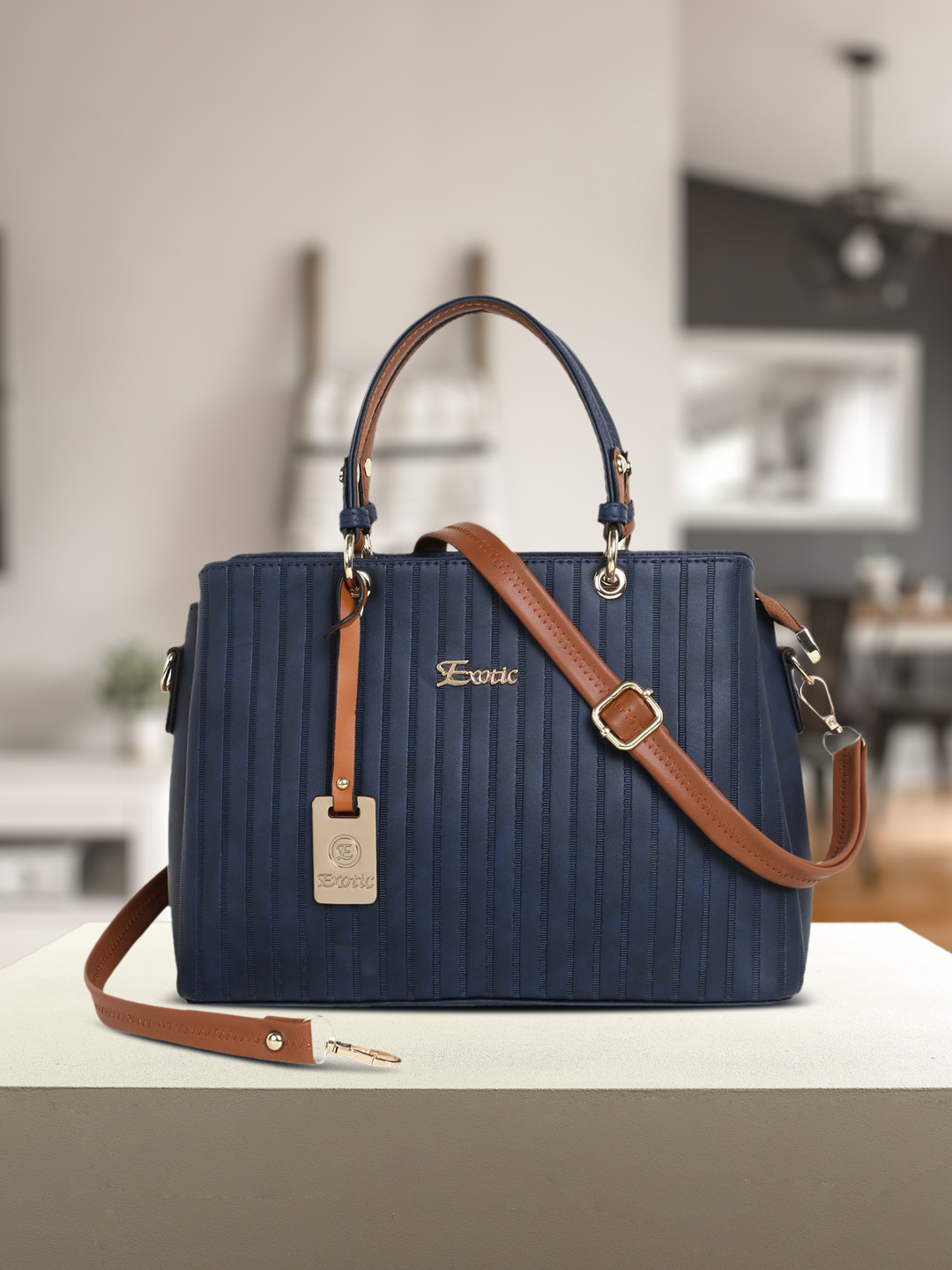 Exotic Navy Blue Structured Handheld Bag with Quilted