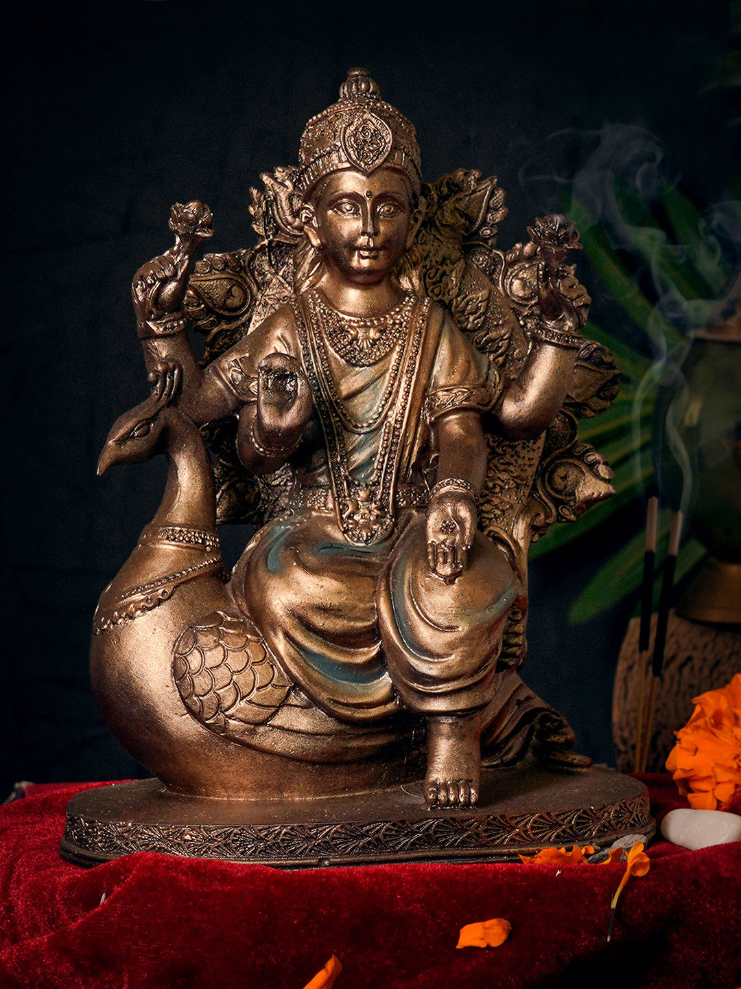 TIED RIBBONS Maa Saraswati Sitting On Swan Copper Polyresin Prayer Room Medium Showpiece - 8 Inches
