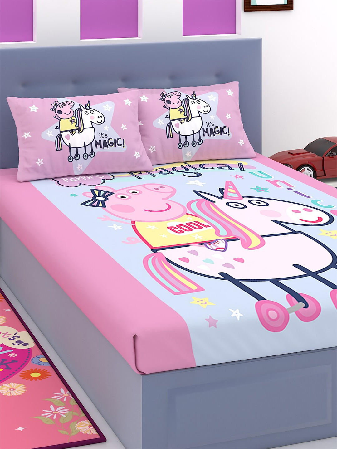Peppa Pig Purple & Blue Cartoon Characters 180 TC Single Bedsheet with 2 Pillow Covers