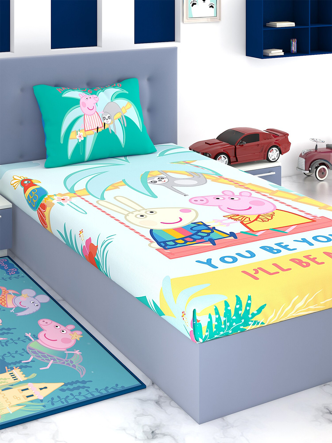 Peppa Pig Athom Living Green Conversational Cotton 180 TC Single Superfine Bedsheet with a Pillow Cover-58 x 88 inches