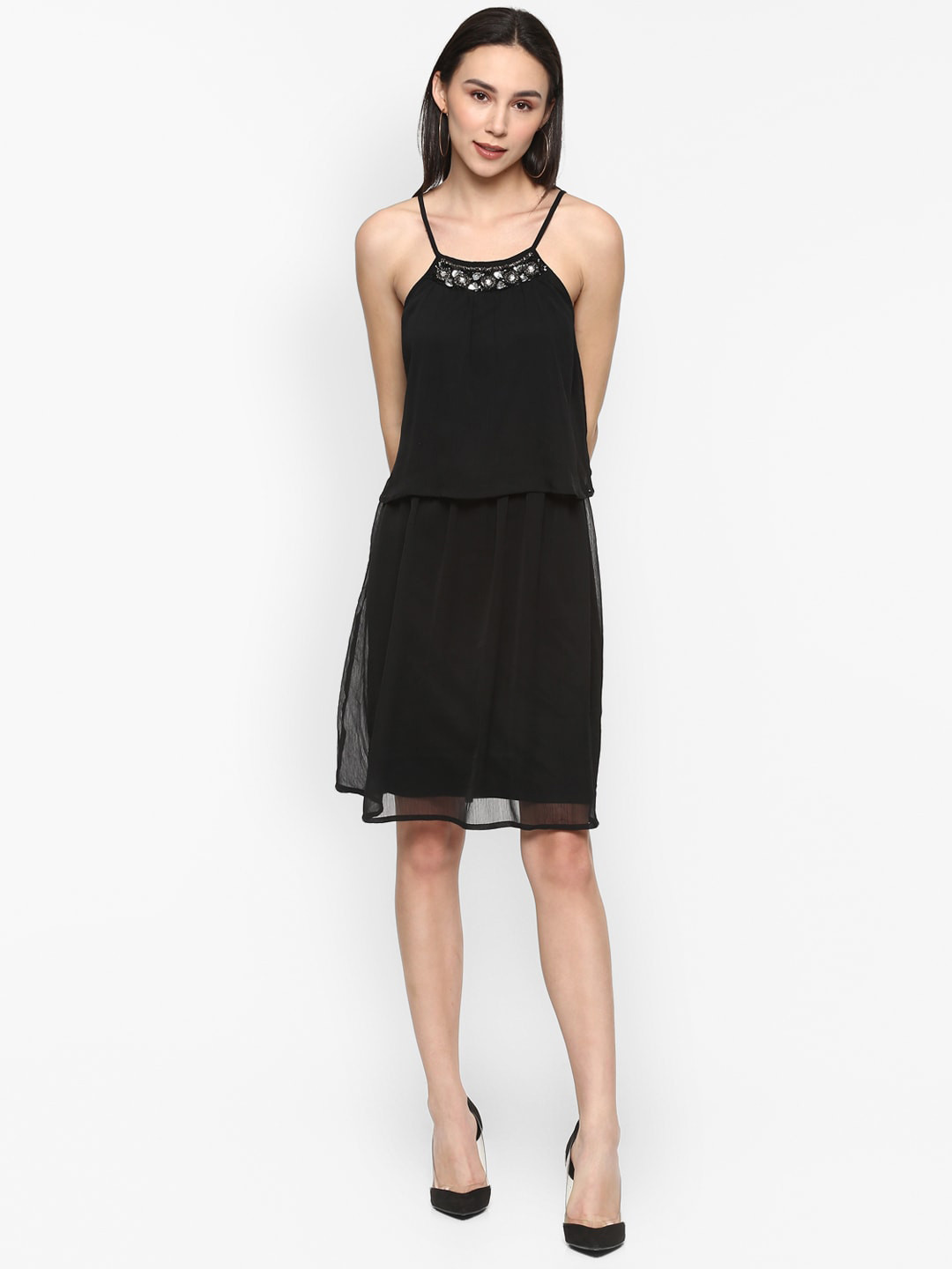 Porsorte Black Layered Chiffon Embellished A-Line Dress