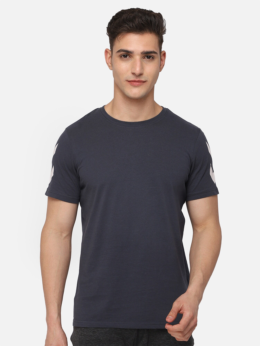 hummel Men Navy Blue & White Printed Cotton Round Neck T-shirt