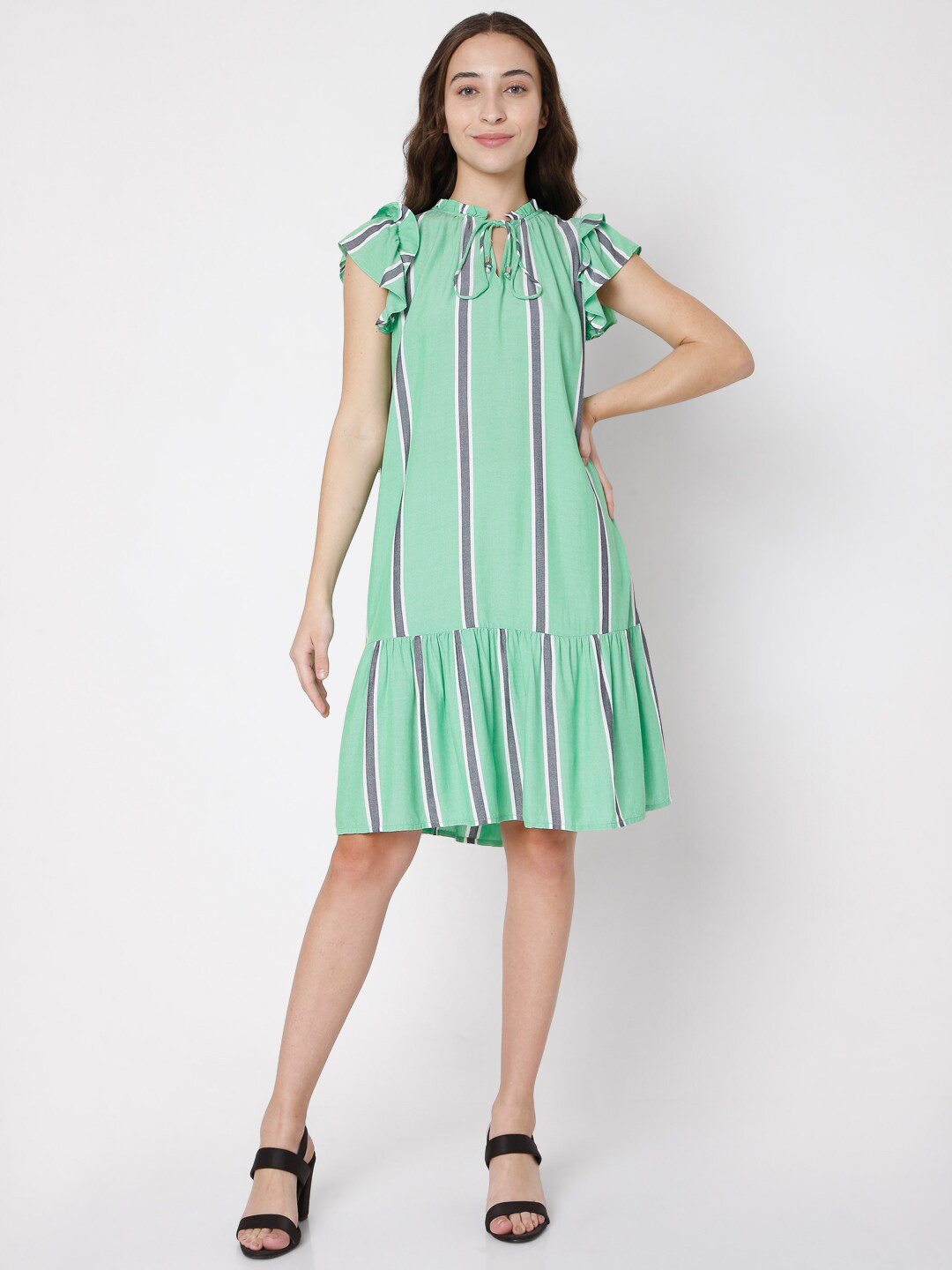 Vero Moda Green & Purple Striped Tie-Up Neck A-Line Dress