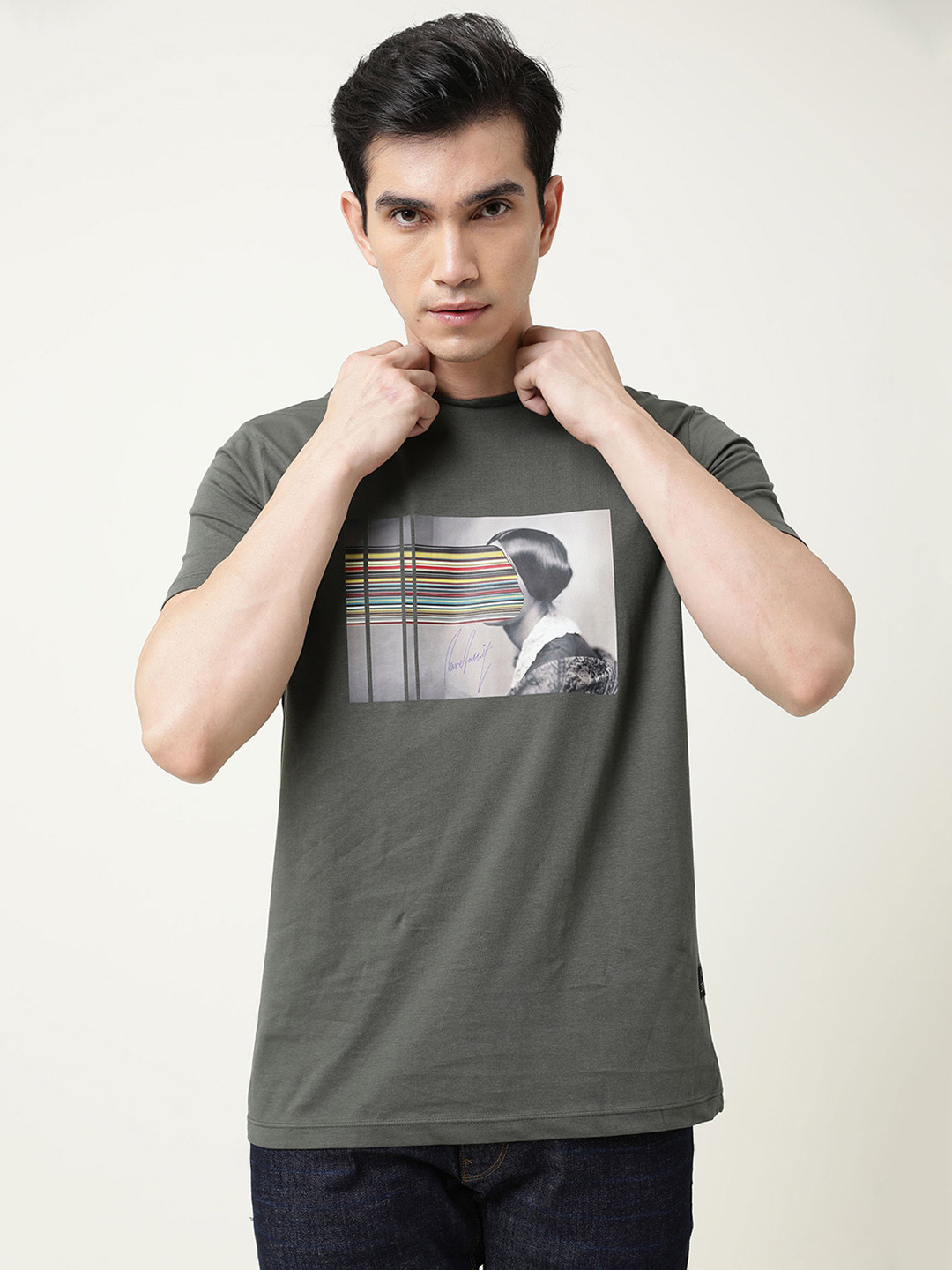 RARE RABBIT Men Olive Green Typography Printed Pure Cotton Slim Fit T-shirt