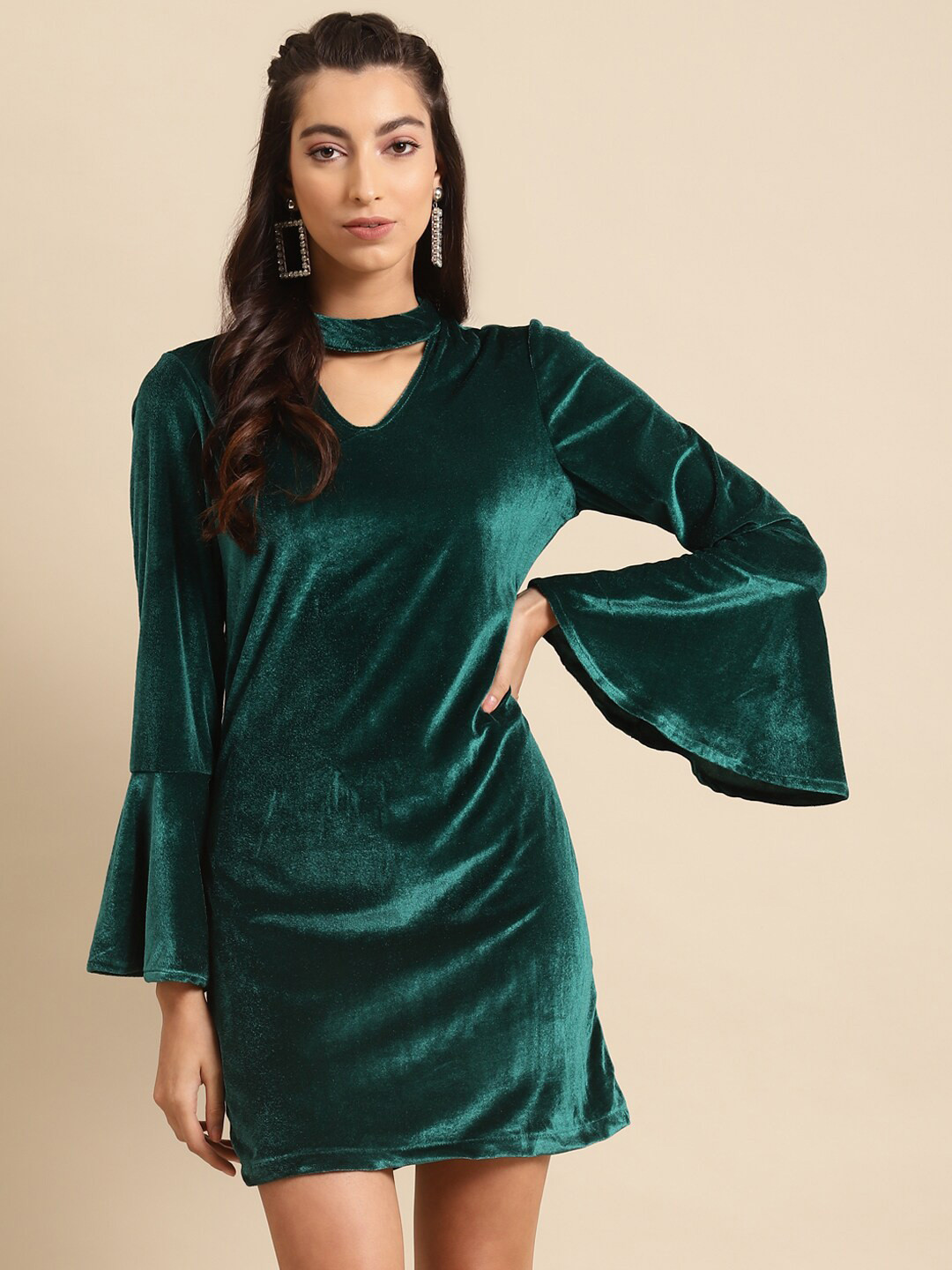 DODO & MOA Green Choker Neck Velvet Party Dress