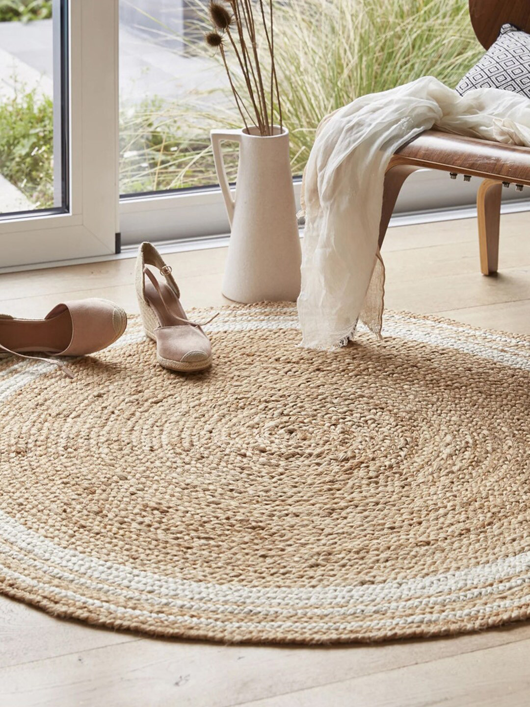 HABERE INDIA Beige Braided Round Jute Carpet