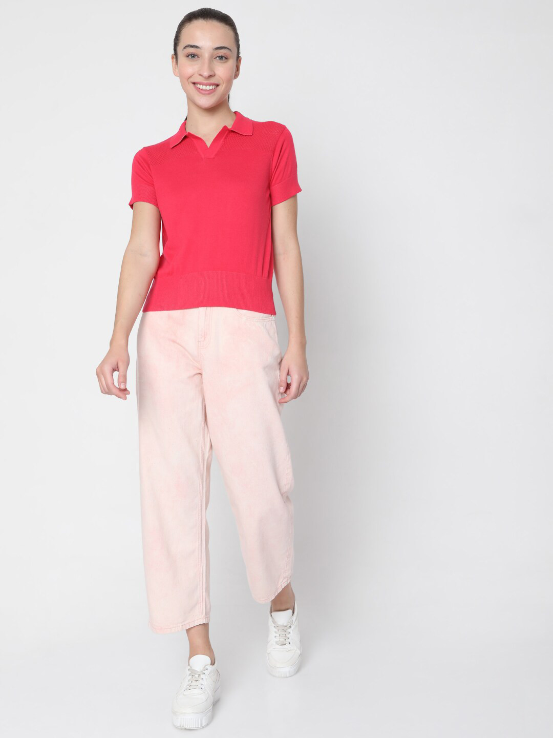 Vero Moda Pink Cotton Polo Collar T-shirt