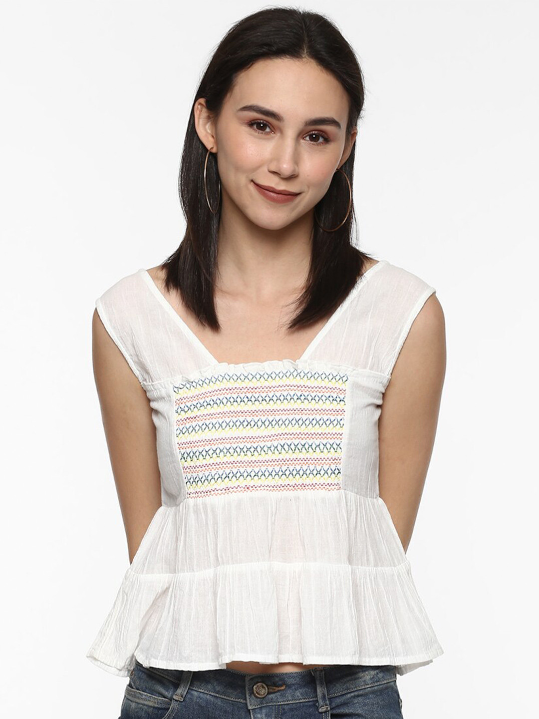 Porsorte White & Blue Checked Smocked Peplum Crop Top