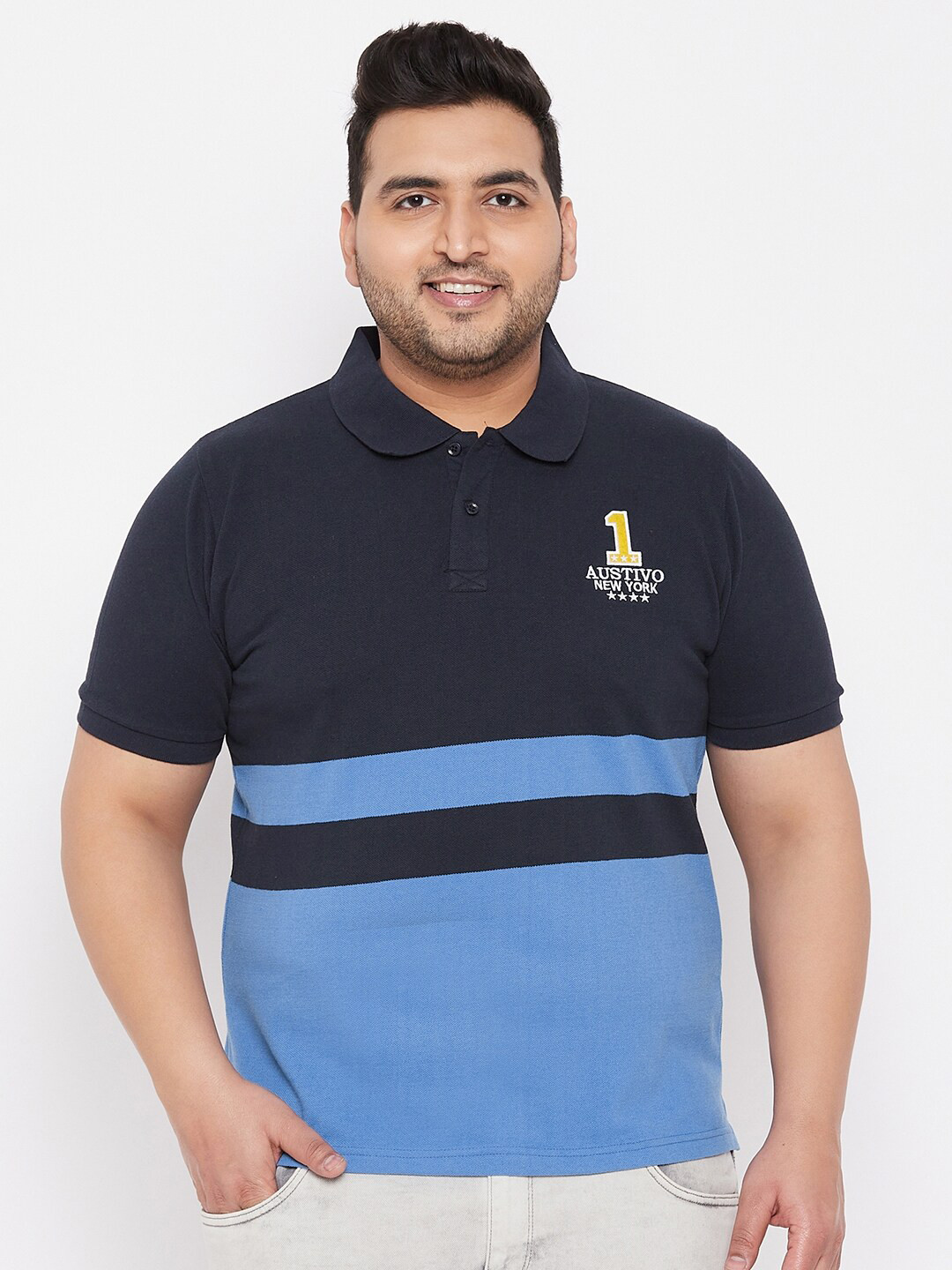 AUSTIVO Men Plus Size Navy Blue & Blue Colourblocked Cotton Polo Collar T-shirt