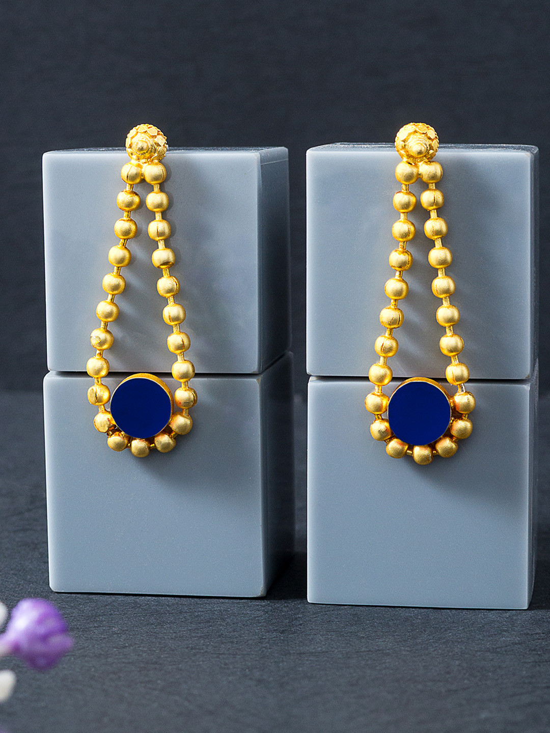 Golden Peacock Navy Blue Stone-Studded Contemporary Drop Earrings