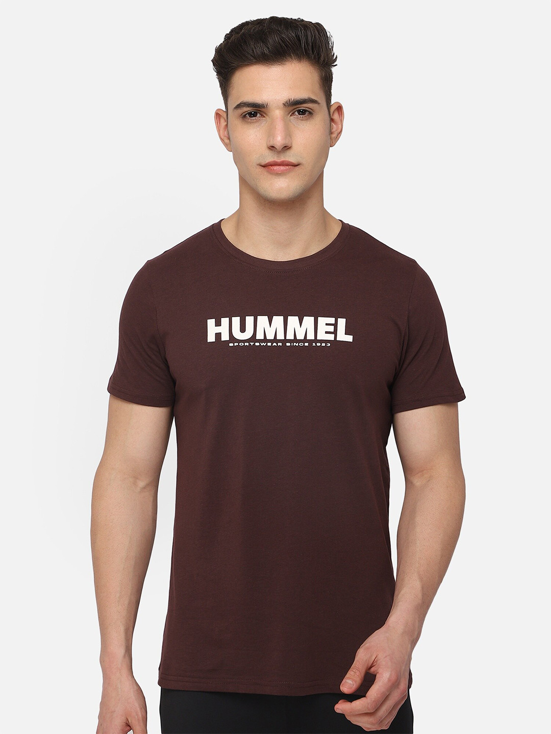hummel Men Coffee Brown & White Brand Logo Printed Pure Cotton T-shirt