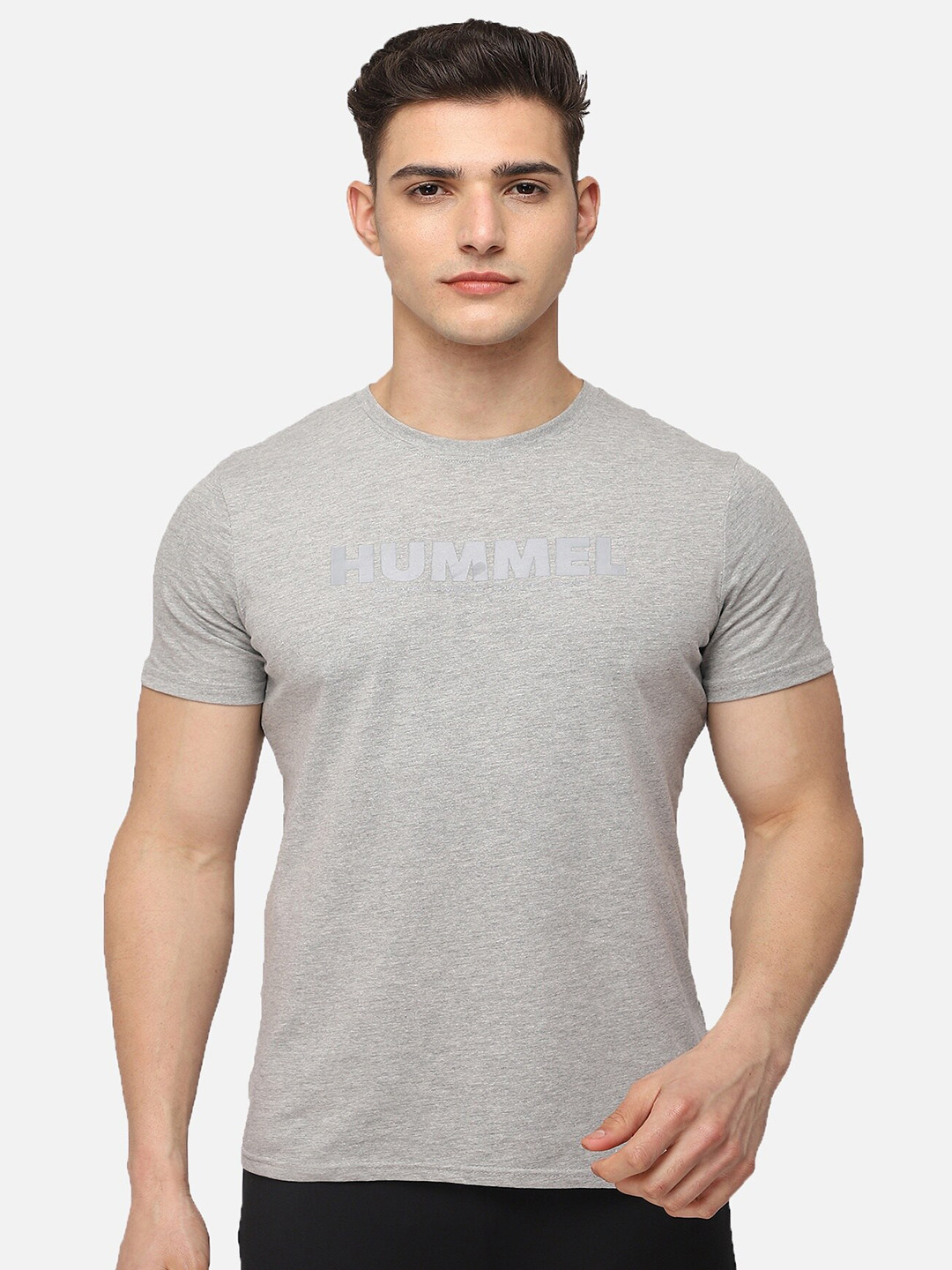 hummel Men Grey Melange Brand Logo Printed Pure Cotton T-shirt