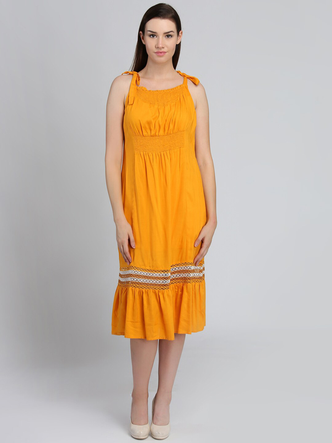 DODO & MOA Yellow Smocked A-Line Midi Dress