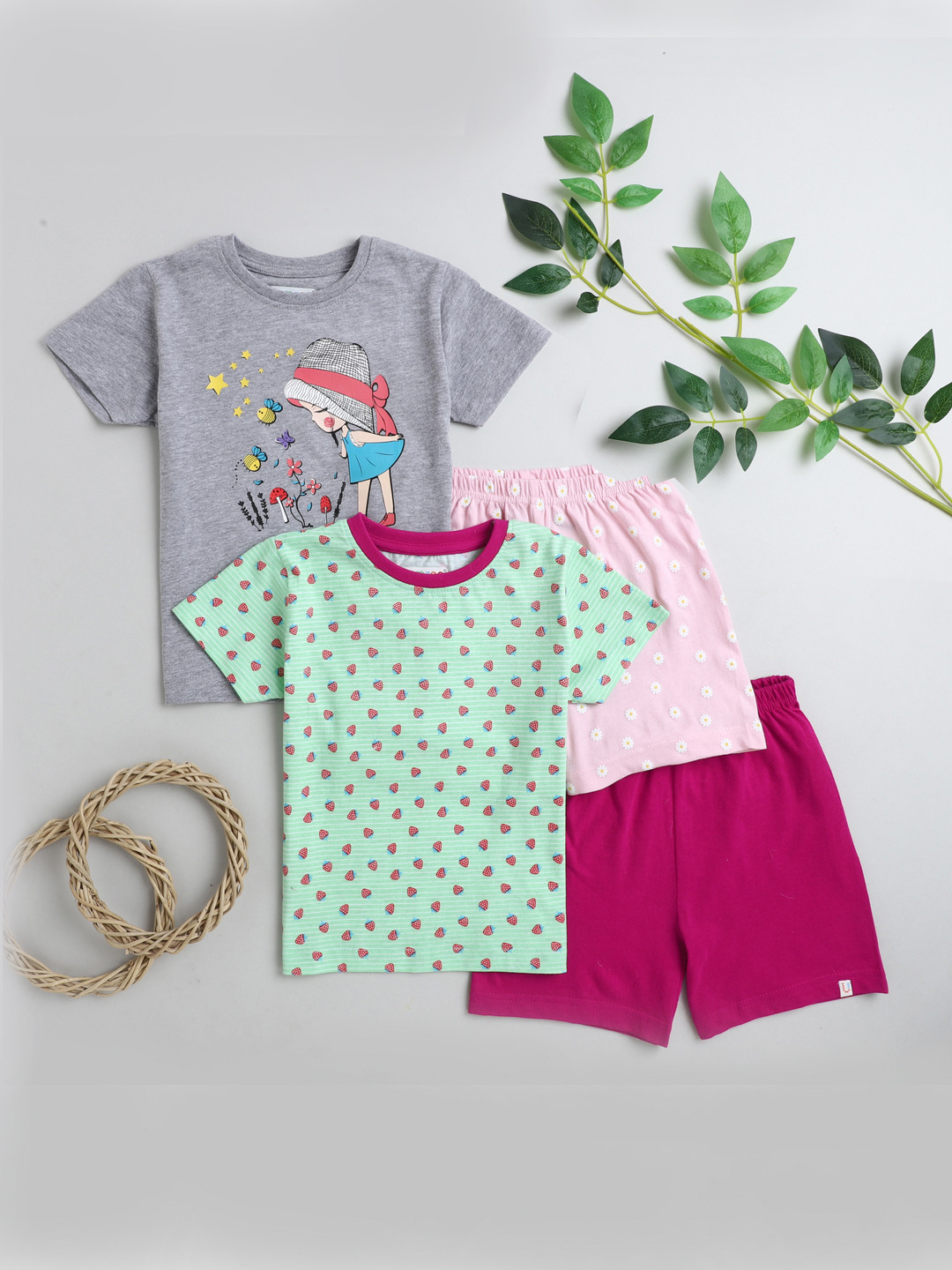 BUMZEE Girls Pack Of 2 Grey & Pink Printed Pure Cotton T-Shirt with Short