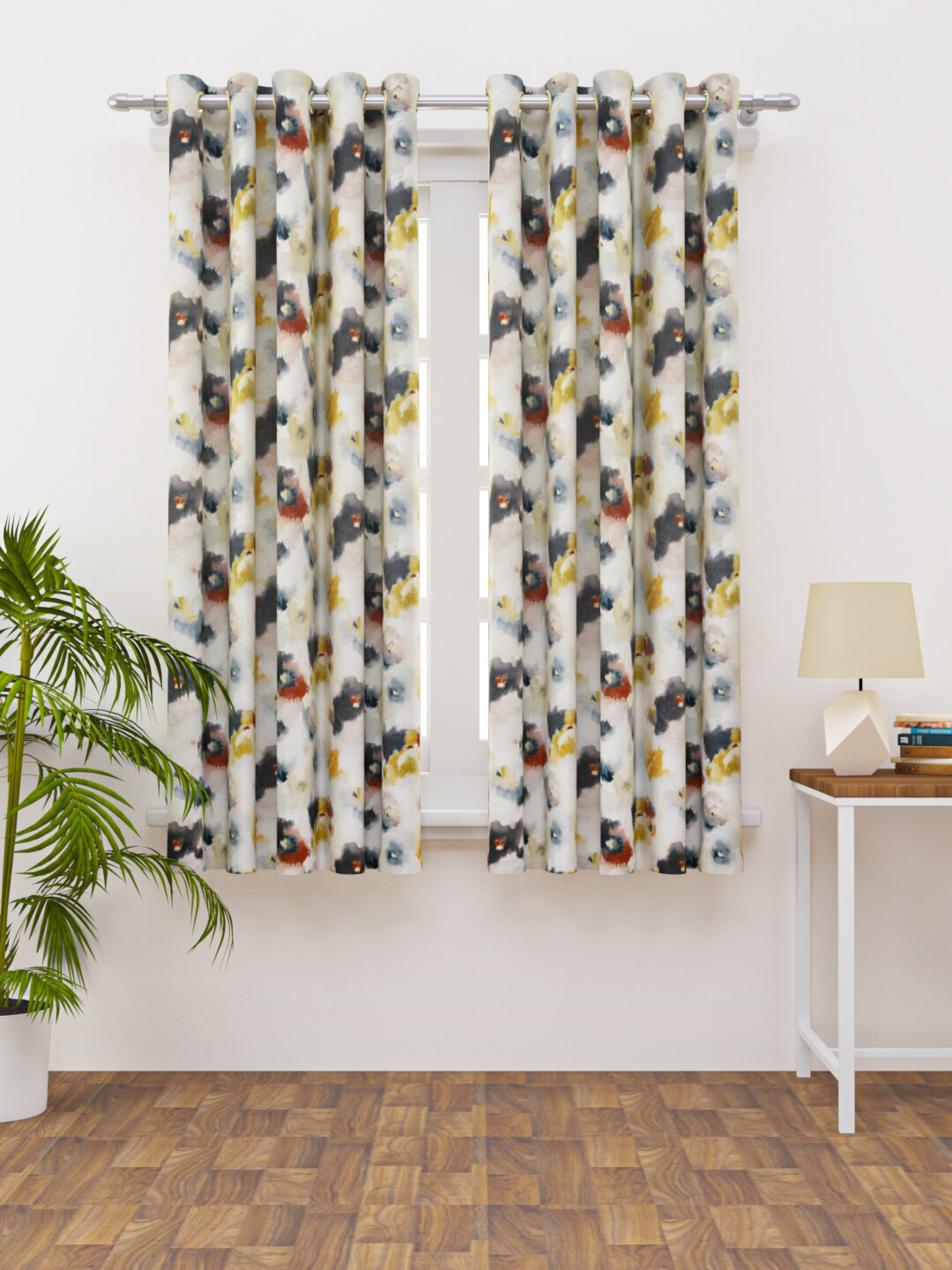 HAPPY HUES Set of 2 Off White & Rust Printed Window Curtain