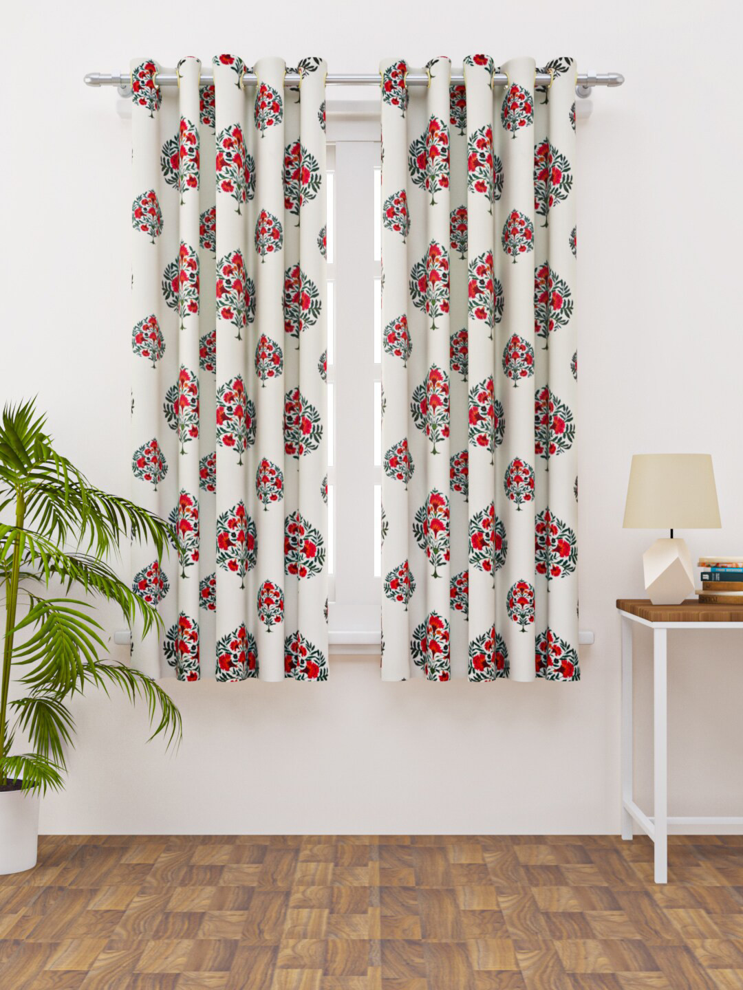 HAPPY HUES Off White & Red Ethnic Motifs Printed Regular Single Window Curtain