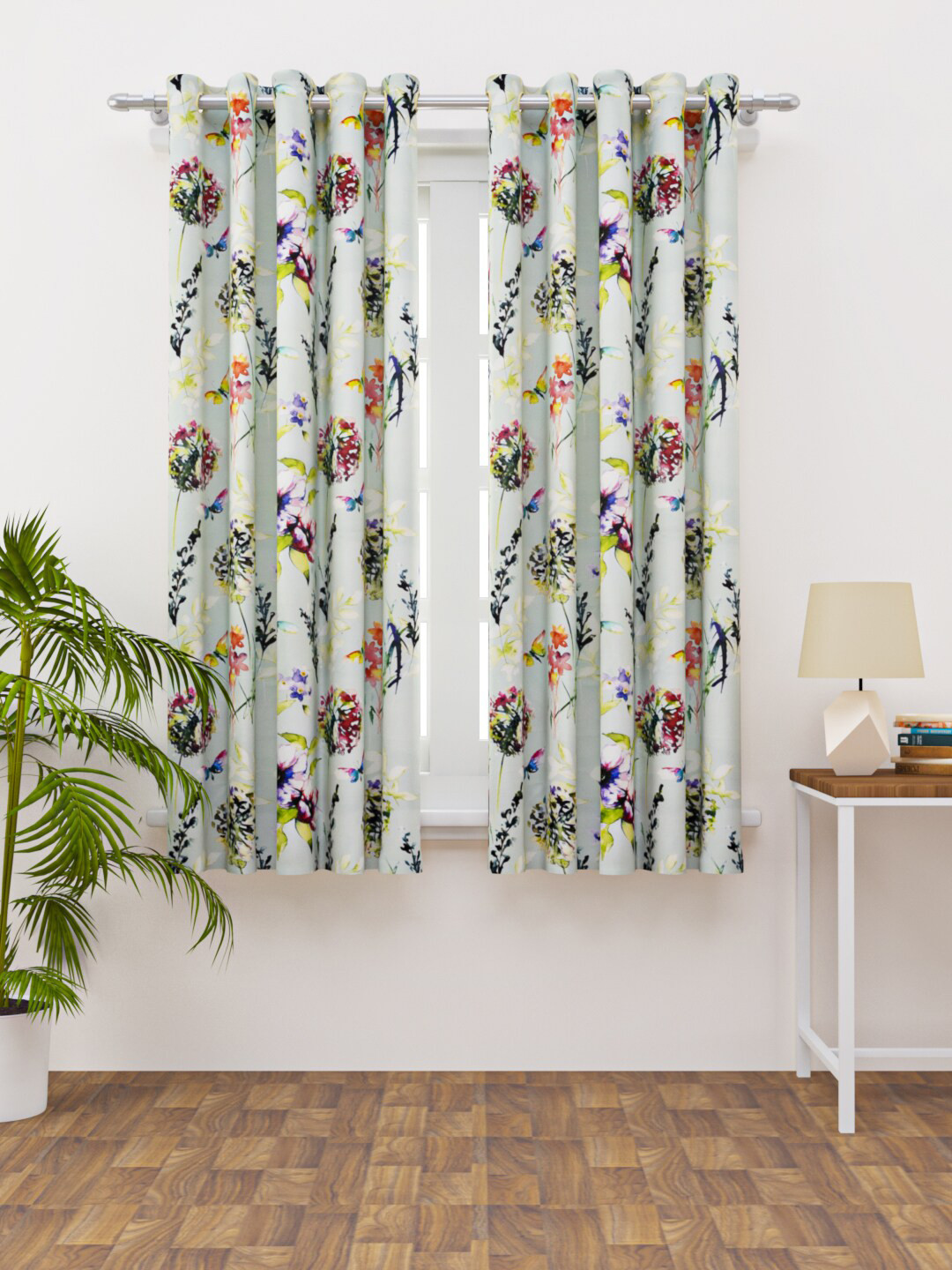 HAPPY HUES Set of 2 Green & Yellow Floral Window Curtains