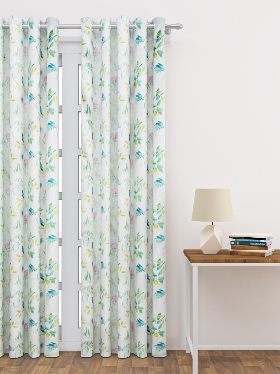 HAPPY HUES White & Blue Floral Printed Regular Single Door Curtain