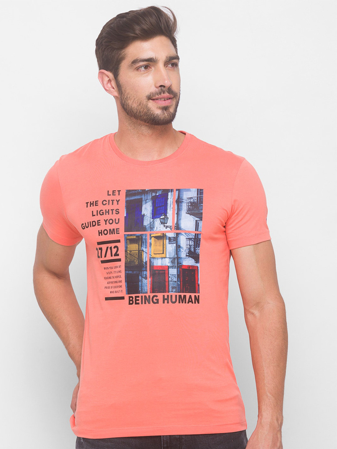 Being Human Men Peach-Coloured & Blue Printed T-shirt