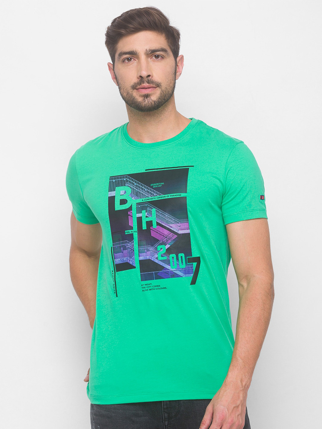 Being Human Men Green & Navy Blue Printed T-shirt