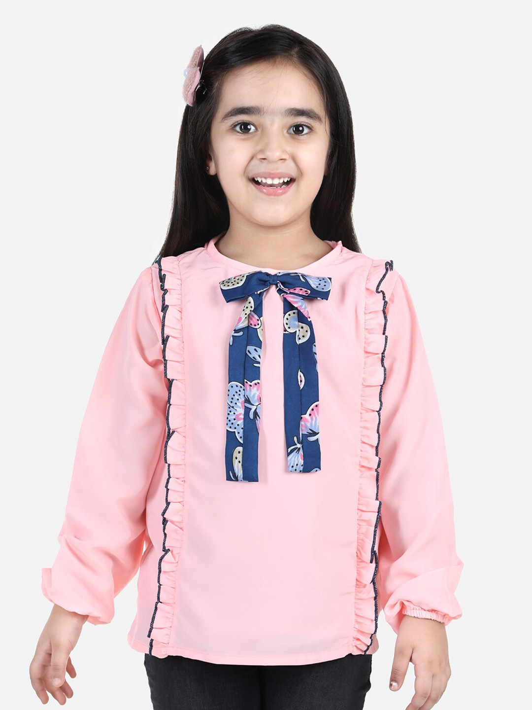 Cutiekins Girls Peach-Coloured Ruffles Crepe Top