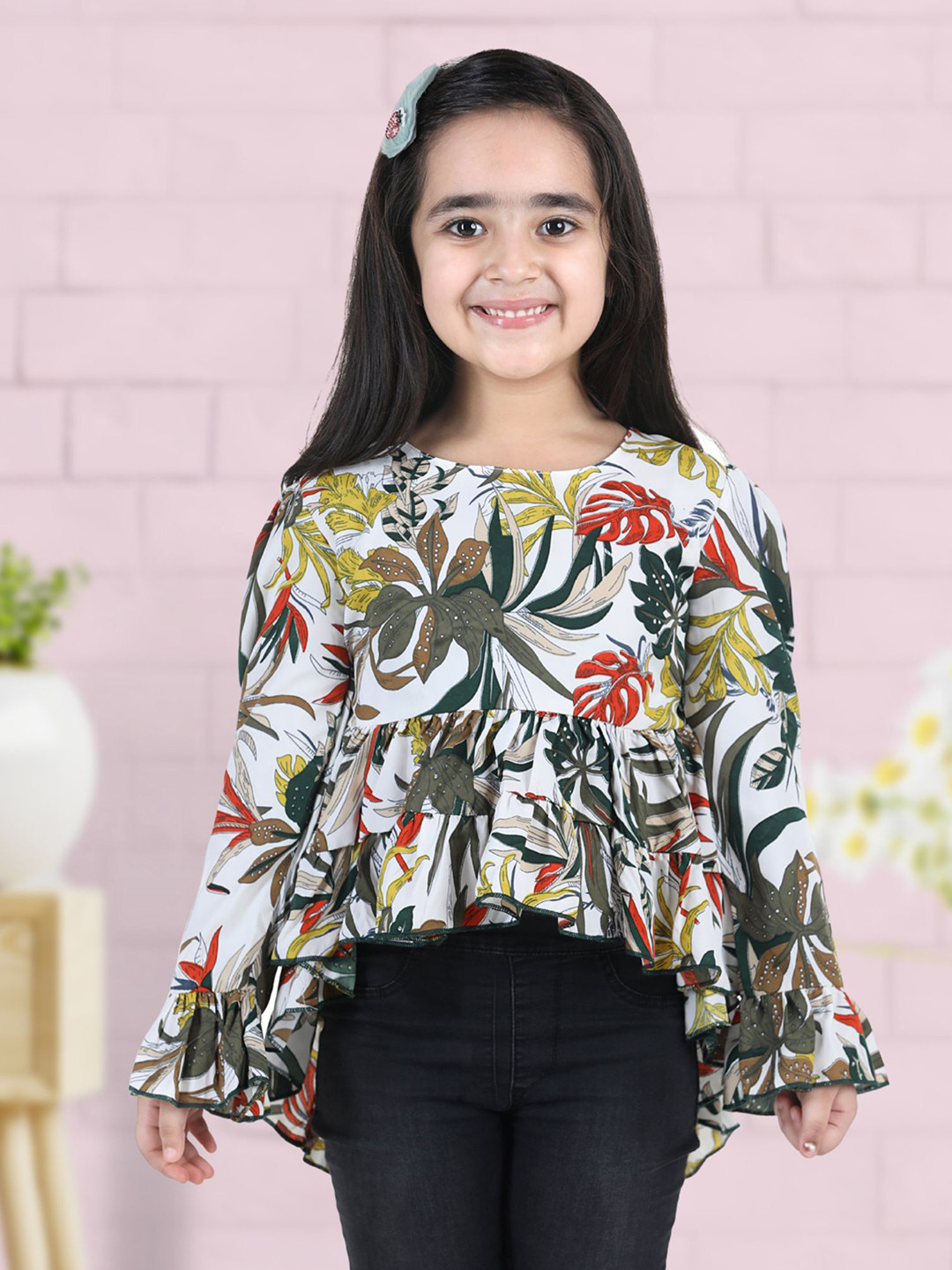 Cutiekins Girls White & Green Floral Print Crepe Empire Top